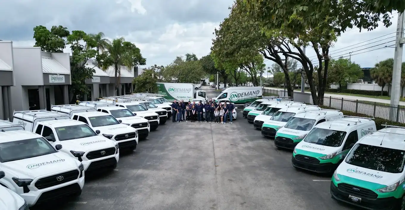 The On Demand Pest Control team with its branded service vehicles